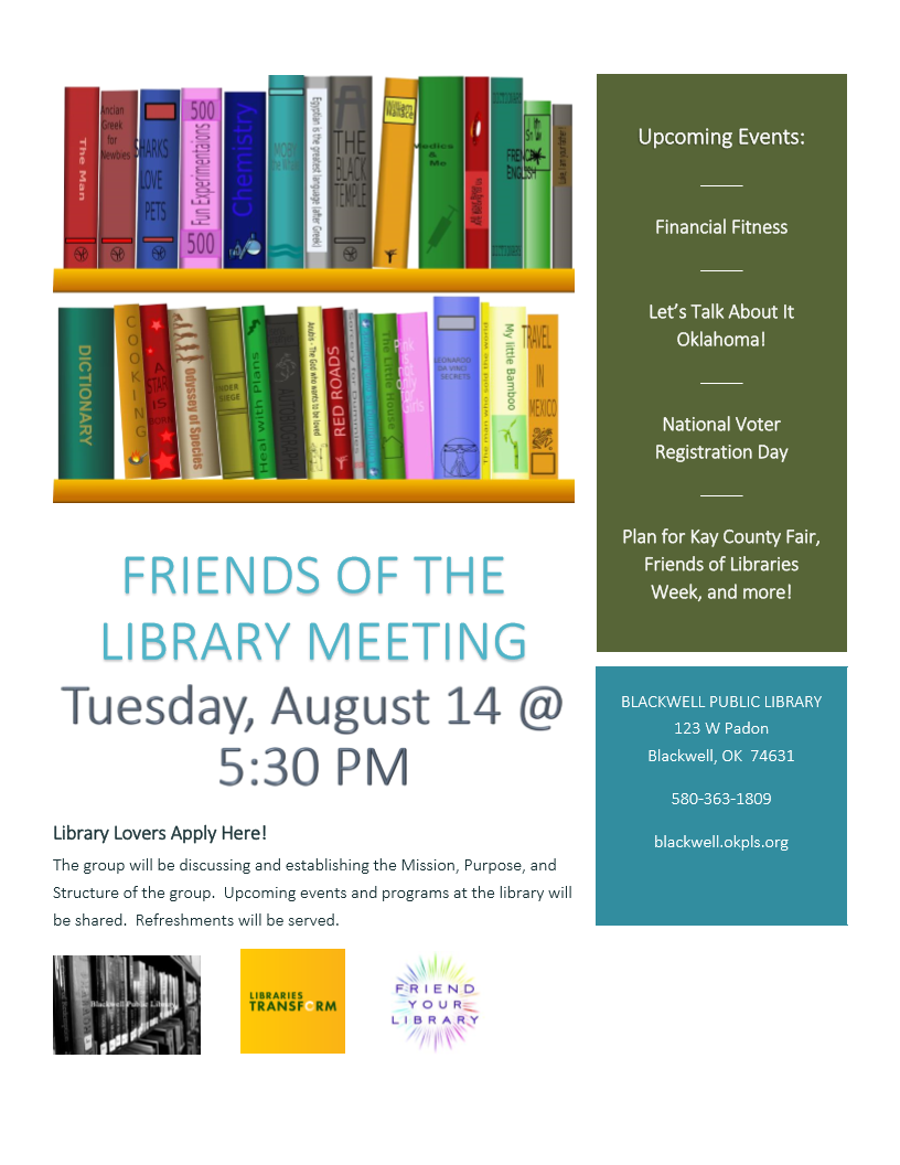 friends of the library meeting announcement for august 14th at 5:30 pm