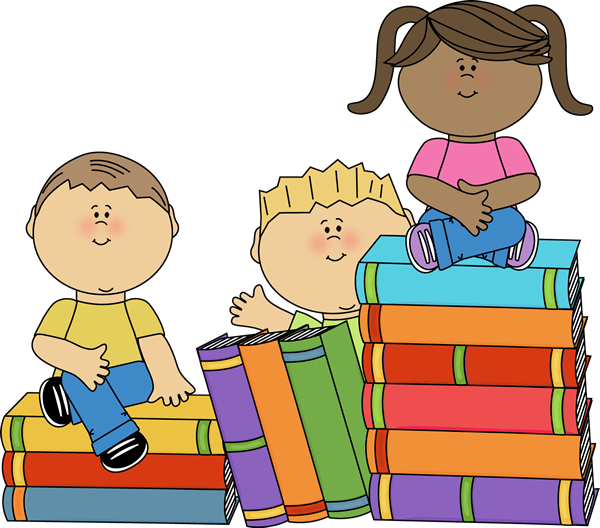 cartoon of children sitting on piles of books