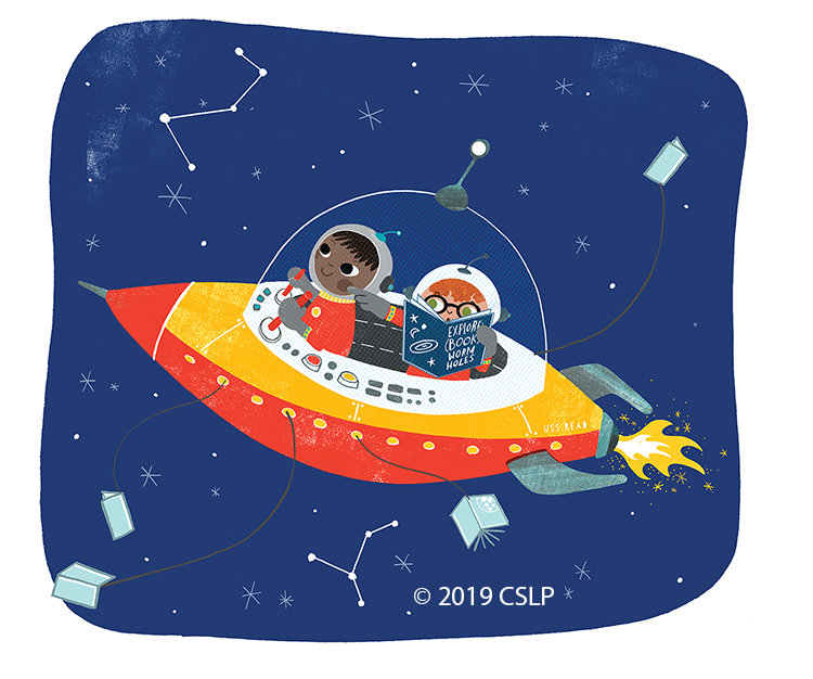 drawing of two children in a space ship