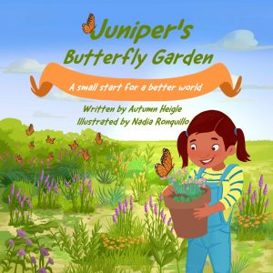 drawing of a girl holding a potted plan with a butterfly flying near