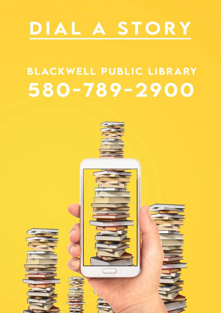 dial a story. blackwell public library. 5807892900. image of hand holding a cell phone taking picture of stacks of books