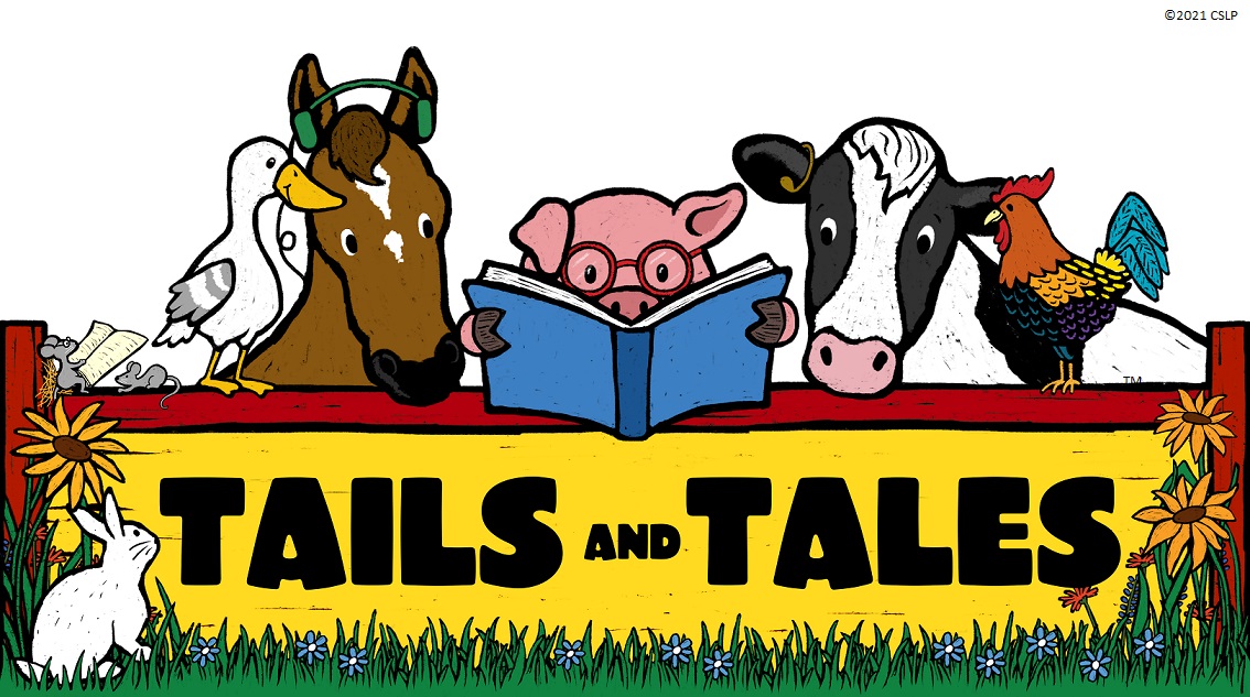 Drawing of farm animals standing behind a banner that reads "Tails and Tales"